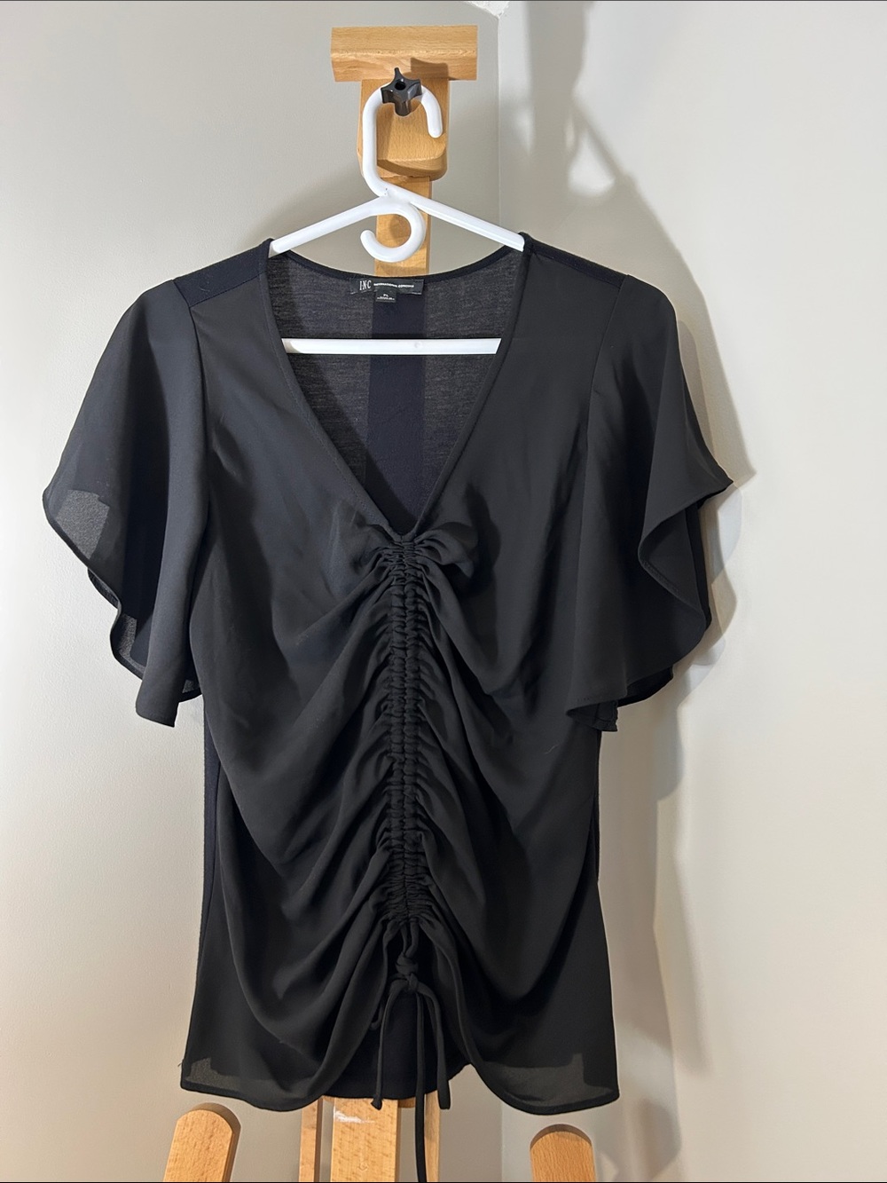 INC International Concepts Black V-Neck Ruched Drawstring Blouse